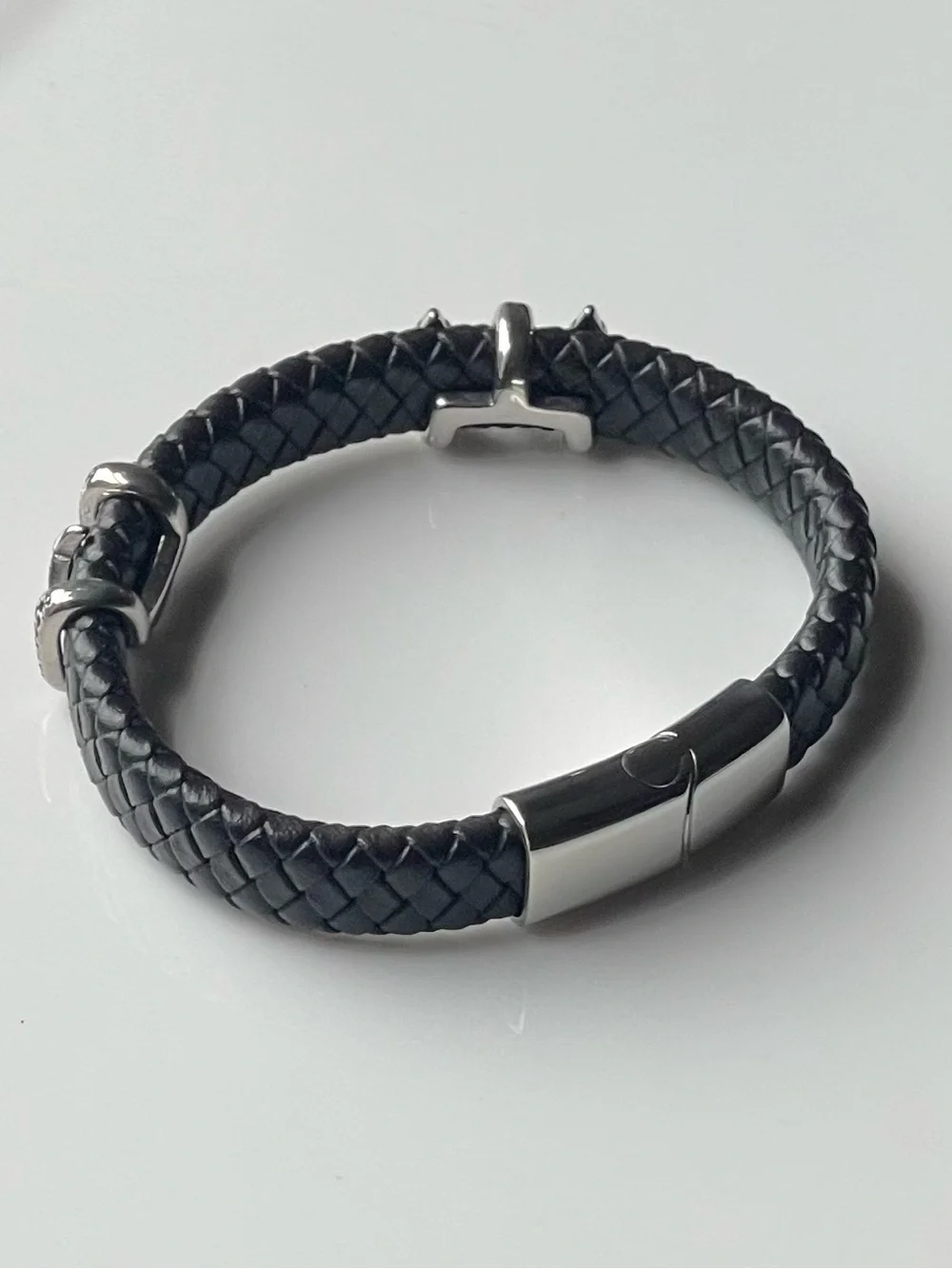 Men's Black Braided Leather Bracelet with Stainless Steel Clasp